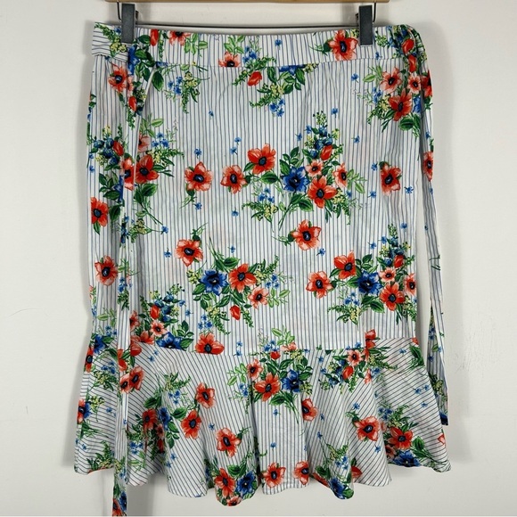 Meg & Margot Stripes Floral Blue Green Coral White Ruffle Front Belt S - Picture 4 of 9